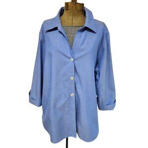 Foxcroft Blouse Womens 20W Blue Button Front 3/4 Sleeve Non Iron Business Casual
